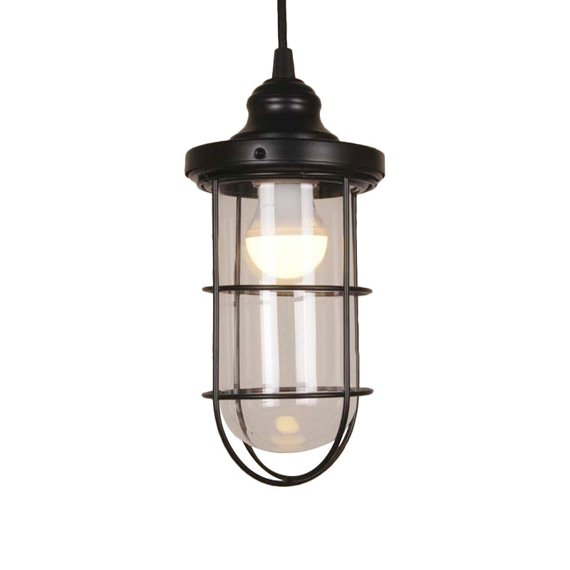 Vintage Black Single-Bulb Pendant Ceiling Light Fixture With Yellow/Green/Clear Glass Cage For