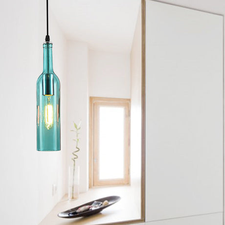 Vintage Industrial Hanging Lamp - Blue/Brown Glass Bottle Shade Adjustable Cord 1 Light Blue