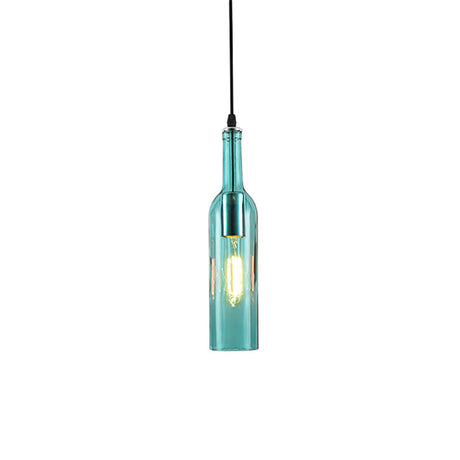 Vintage Industrial Hanging Lamp - Blue/Brown Glass Bottle Shade Adjustable Cord 1 Light