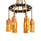 Lodge Style Bamboo Chandelier Pendant Lamp With Multi Lights And Hanging Rope - Stylish Lighting