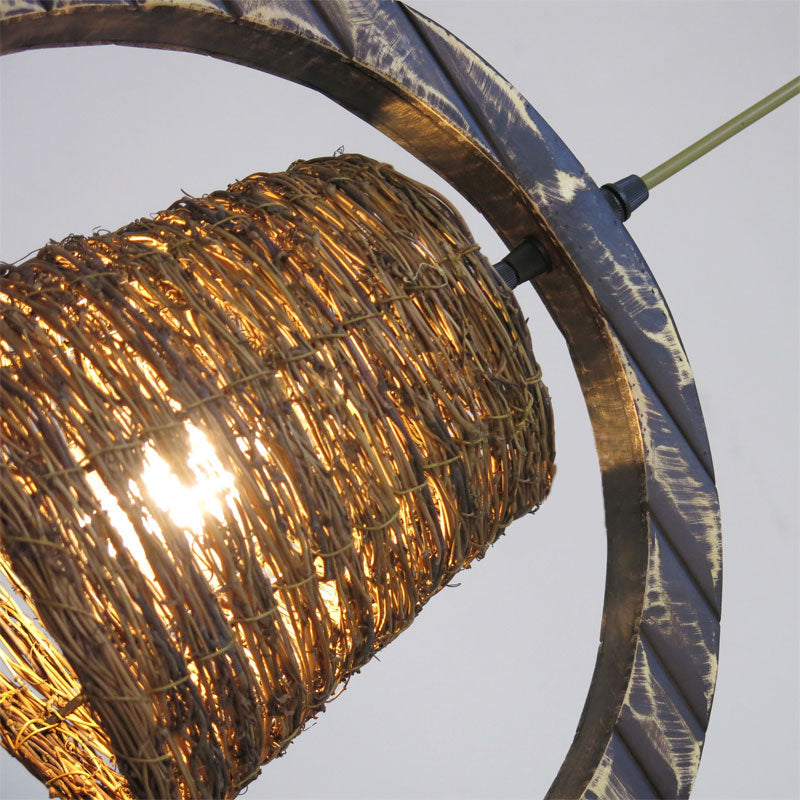 Modern Brown Rattan Hanging Pendant Light With Wooden Ring - 1 Head