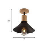 Conic Metal Semi-Flush Mount Foyer Ceiling Light With Wooden Canopy - Loft Style 1 Bulb 8’/10’
