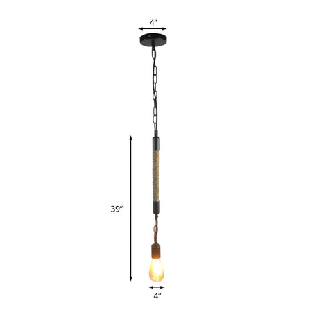 Industrial Black Hemp Rope Pendant Light Fixture - 1 Bare Bulb Hanging Lighting For Restaurants