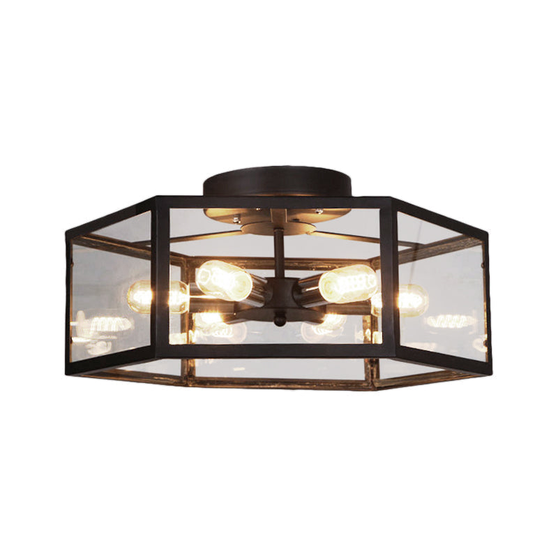 Vintage Geometric Clear Glass Ceiling Light With 6 Bulbs - Black Semi Flush Mount For Kitchen