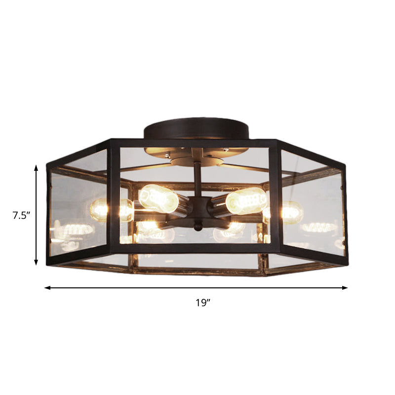 Vintage Geometric Clear Glass Ceiling Light With 6 Bulbs - Black Semi Flush Mount For Kitchen