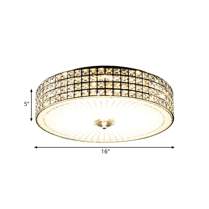 Modern Led Flush Mount Lamp With Clear Crystal Drum Shade - 16/19.5 Width Bedchamber Ceiling Light