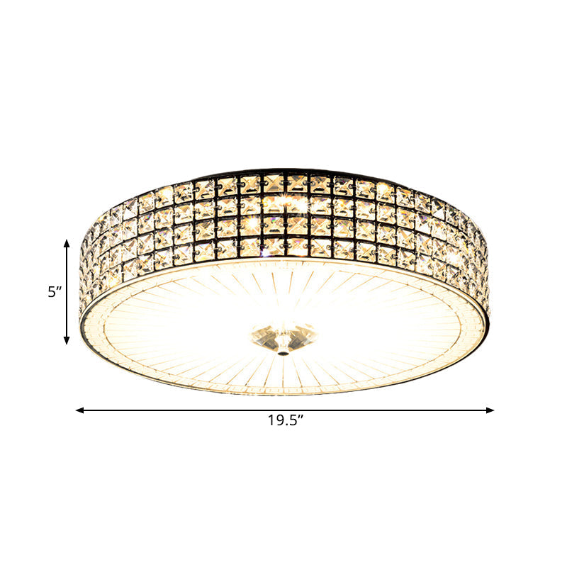 Modern Led Flush Mount Lamp With Clear Crystal Drum Shade - 16/19.5 Width Bedchamber Ceiling Light