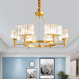 Gold Tone Cuboid Crystal Pendant Chandelier With 3/6 Bulbs For Contemporary Suspension Lighting