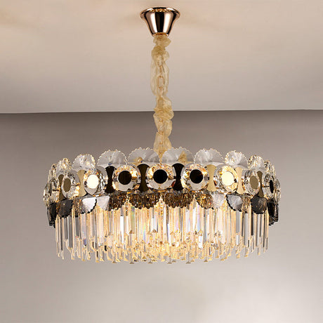 Contemporary Gold Round Chandelier With Clear Crystal Prismatic Bulbs - Ideal For Living Room Or