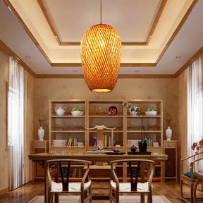 14.5’ H Bamboo Oblong Pendant - 1 Light Asia Hanging Ceiling In Beige / 10’