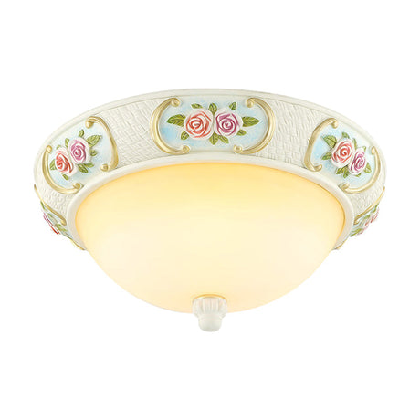 Rustic Opal Glass Dome Ceiling Flush Light White 15/19 W 3-Bulb Flushmount For Dining Room With Rose
