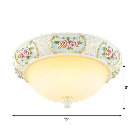 Rustic Opal Glass Dome Ceiling Flush Light White 15/19 W 3-Bulb Flushmount For Dining Room With Rose
