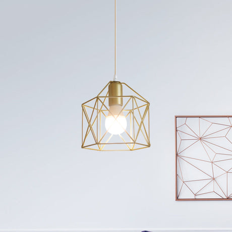 Gold Metal Pendant Light With Unique Globe/Hexagon Cage Shade For Dining Room