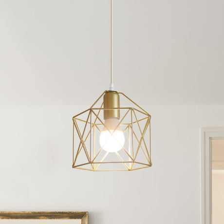 Gold Metal Pendant Light With Unique Globe/Hexagon Cage Shade For Dining Room