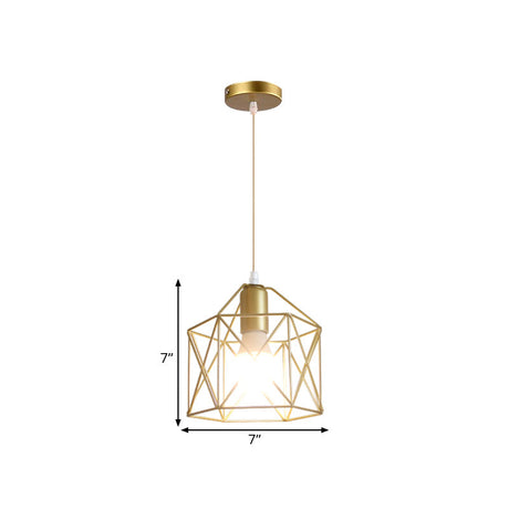 Gold Metal Pendant Light With Unique Globe/Hexagon Cage Shade For Dining Room
