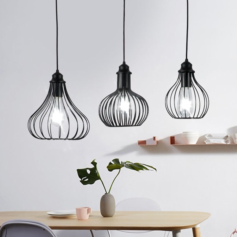Vintage Onion Caged Pendant Light | 3-Bulb Metallic Fixture In Black Perfect For Restaurants
