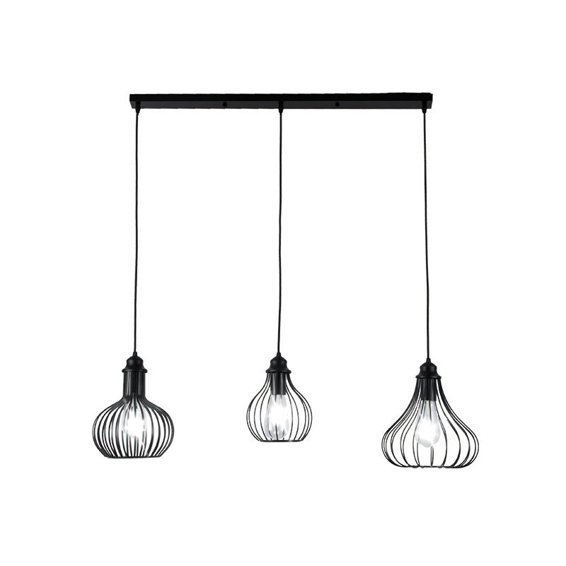 Vintage Onion Caged Pendant Light | 3-Bulb Metallic Fixture In Black Perfect For Restaurants