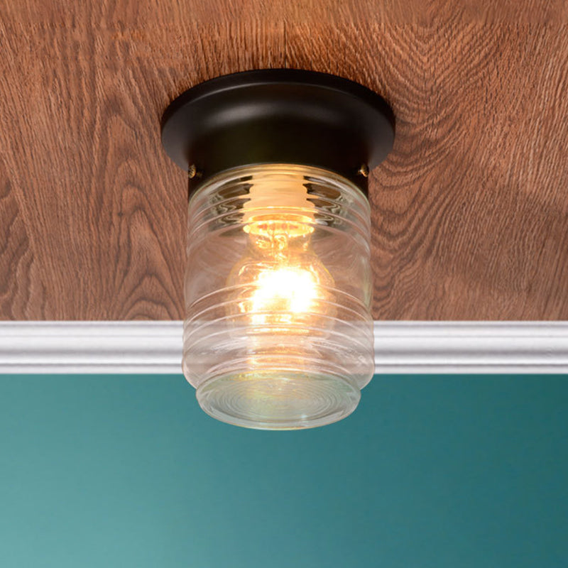 Modern Hand Blown Glass 1-Light Cylinder Flush Mount Ceiling Light In White/Black Black