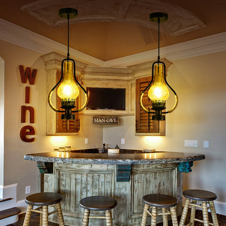 Vintage Yellow Crackle Glass Kerosene Pendant Ceiling Light - Black 1-Light For Living Room