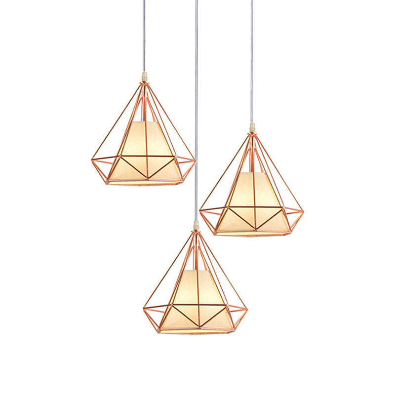 Rose Gold Wire Frame Pendant Lamp With Modern Style Design - 3 Bulbs Fabric And Metal Linear/Round