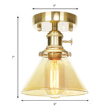 Industrial Brass Semi-Flush Light With Clear/Amber Glass For Living Room - One Cone Fixture