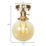 Farmhouse Brass Semi Flush Ceiling Light With Clear/Amber Glass Globe For Dining Room - One Bulb
