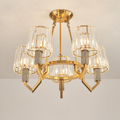 6-Light Crooked Arm Semi Flush Gold Ceiling Light With Clear Crystal Tapered Shade - Modern Design