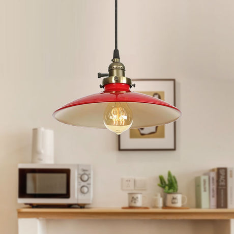 Vintage Farmhouse Pendant Light 1/2-Pack Saucer Style Adjustable Cord Black/Red Iron Finish