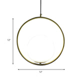 Retro Industrial Gold Suspension Light - 1 Head Ring Pendant With Opal Glass Shade 12/14 Width
