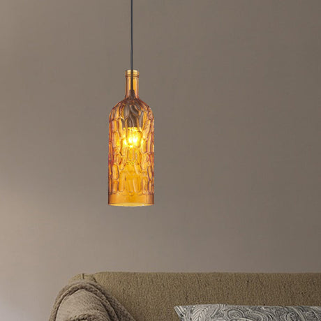 Vintage Style 1-Light Pendant Fixture With Dimpled Glass Bottle Shade In Yellow/Brown For Living
