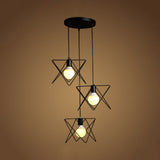 Geometric Pendant Light With Wire Frame: Industrial Style Black Iron Round/Linear Canopy - 3 Heads
