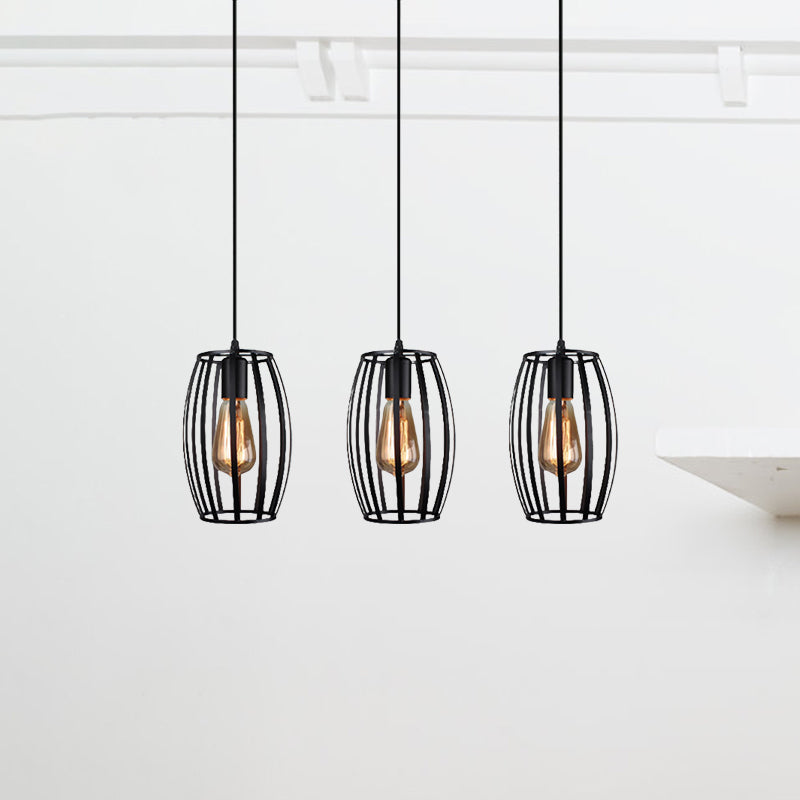 Black/White Oval Pendant Light Loft Style 3-Light Indoor Ceiling With Cage Shade