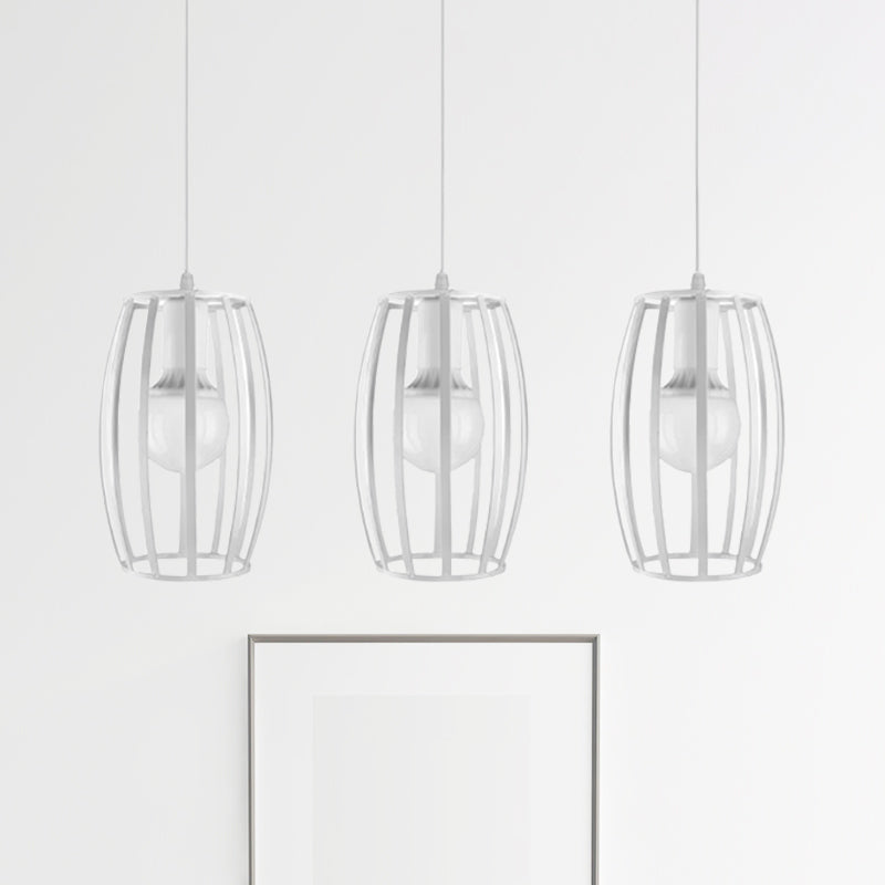 Black/White Oval Pendant Light Loft Style 3-Light Indoor Ceiling With Cage Shade White