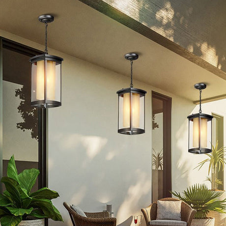 Black Outdoor Pendant Light With Double Glass Shade - Industrial Rectangle Design For Courtyard