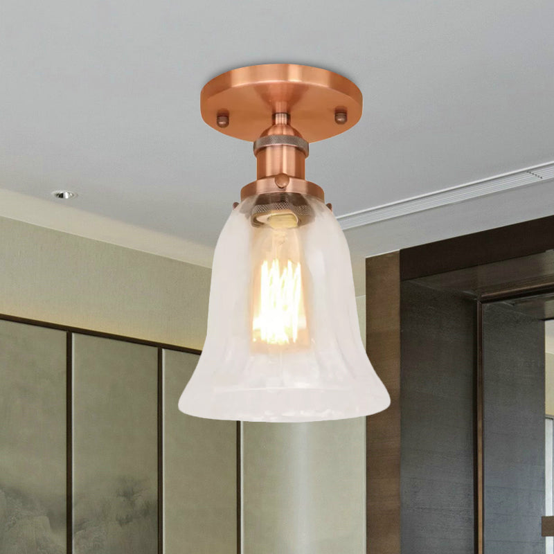 Industrial Flared Glass Semi Flush Mount Light With Clear Bulb In Black/Bronze/Copper