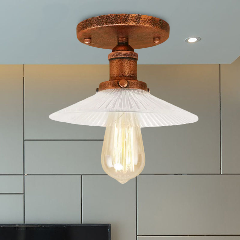 Semi Mount Ribbed Glass Cone Ceiling Light In Black/Brass/Copper - Industrial Style For Living Room