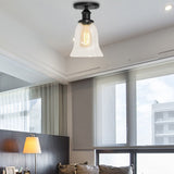 Industrial Flared Glass Semi Flush Mount Light With Clear Bulb In Black/Bronze/Copper Black