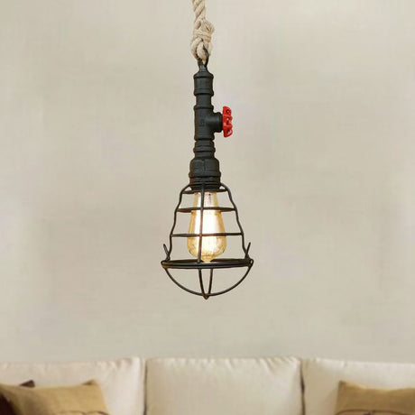 Bar Pendant Light - Vintage Caged Metal Hanging Lamp With Pipe And Rope Cord Black Finish
