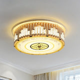 Contemporary Led Gold Flush Mount Drum Bedchamber Light Fixture With Clear Crystal Stripes