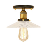 Semi Mount Ribbed Glass Cone Ceiling Light In Black/Brass/Copper - Industrial Style For Living Room