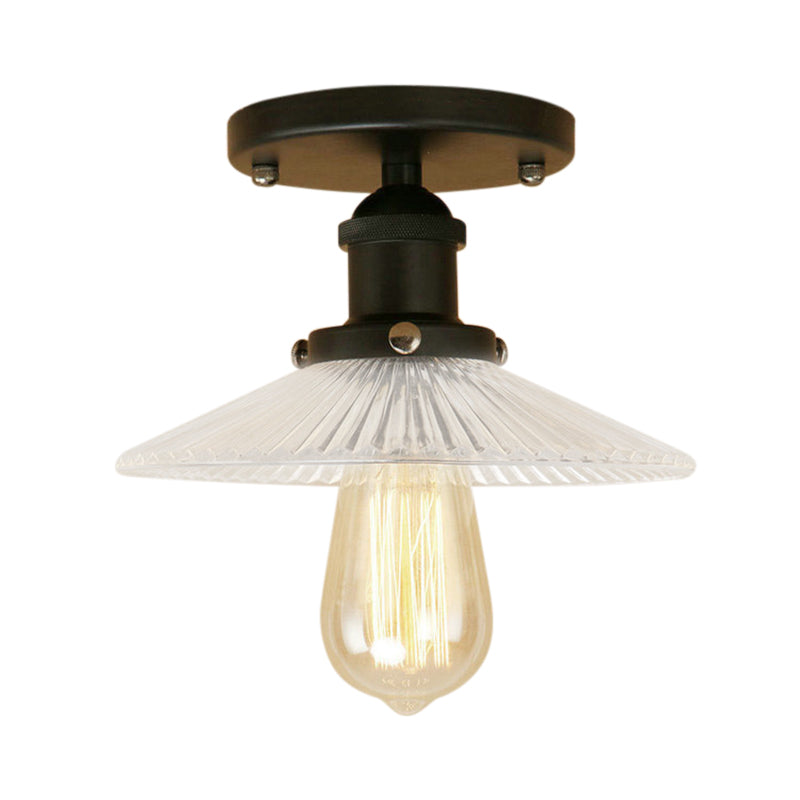 Semi Mount Ribbed Glass Cone Ceiling Light In Black/Brass/Copper - Industrial Style For Living Room