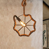 Industrial Beige Rope And Metal Adjustable Pendant Ceiling Light - Head Wheel Cage Design