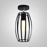Industrial Black Cage Pendant Light For Corridor Ceiling - Semi Flush Globe/Oval Shape With Iron