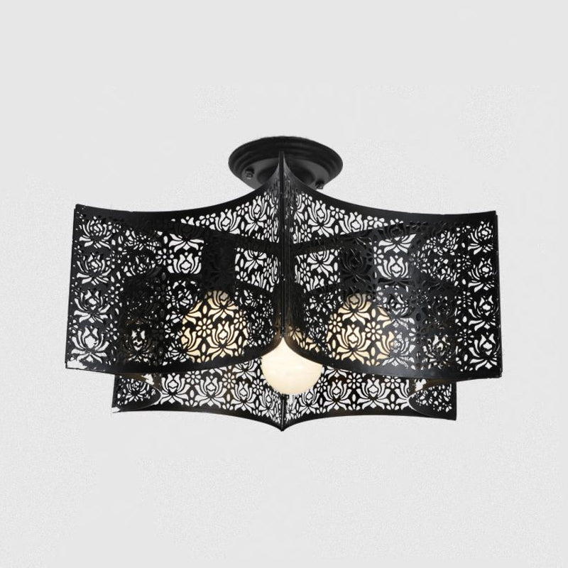 Black Drum Design Semi Flush Light - Vintage Retro Metallic 3-Head Foyer Mount 16/16.5 W