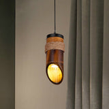 Bamboo Tubed Pendant Light - Height Adjustable With Rope For Ceiling 1 Bulb Lamp