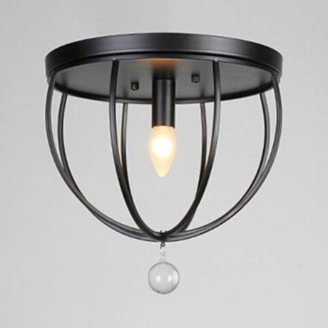 Retro Black Metallic Flush Mount Ceiling Light With Wire Cage And Clear Crystal Ball - 1/4/5 Heads