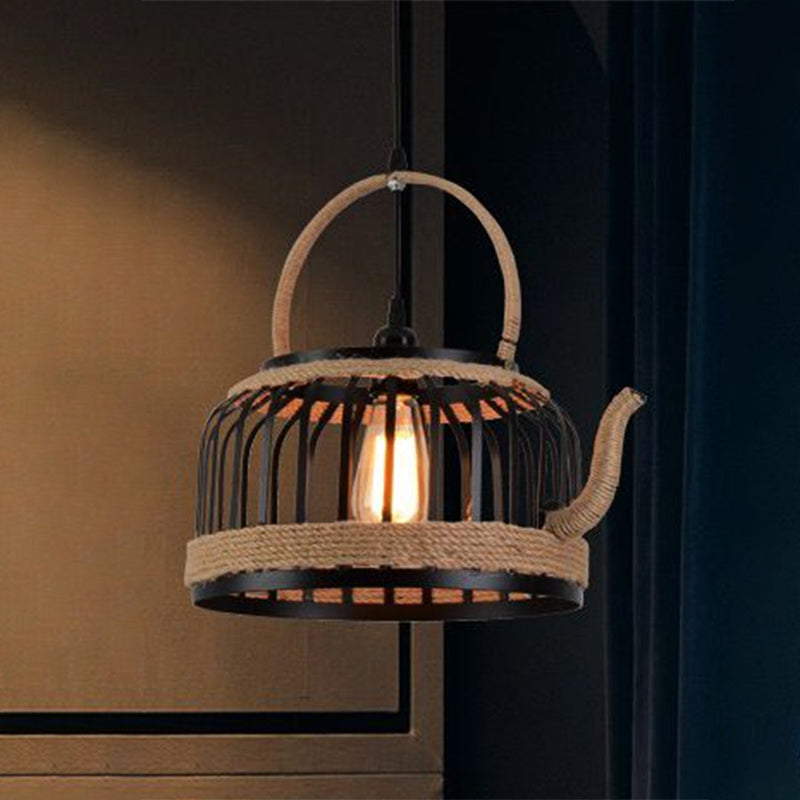 Vintage Metal And Rope Pendant Light - 1-Light Beige Hanging Lamp For Restaurants