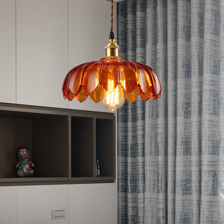 Vintage Scalloped Amber Glass Pendant Light For Corridors - Single Bulb Hanging Fixture 8/10/12 Wide