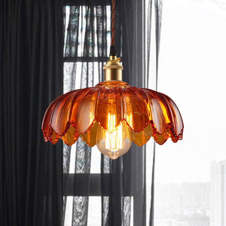 Vintage Scalloped Amber Glass Pendant Light For Corridors - Single Bulb Hanging Fixture 8/10/12 Wide