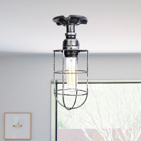 Vintage Wire Guard Ceiling Light For Corridors - Black/Bronze Semi-Flush Mount With 1 Bulb